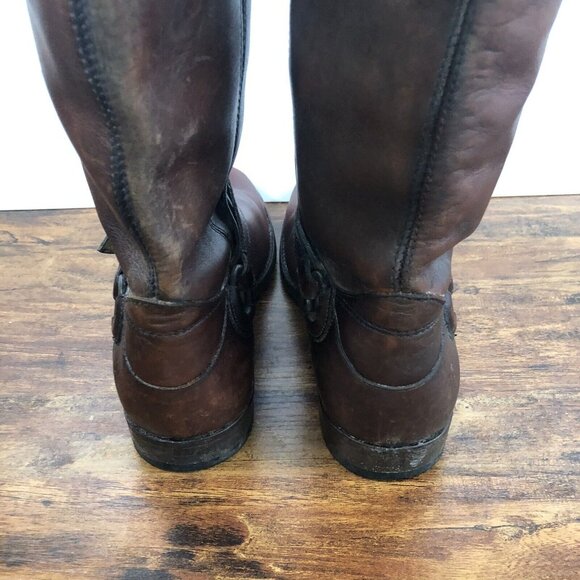 Frye Womens SZ 8B Distressed Harness Buckle Tall Brown Leather Riding Boots 16” - Picture 3 of 11